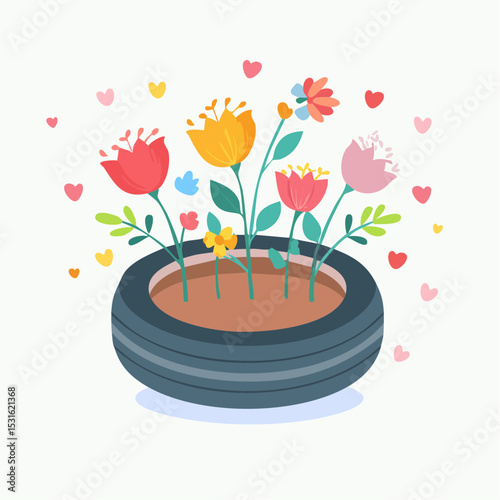 Colorful cartoon flowers growing in a tire planter with floating hearts.