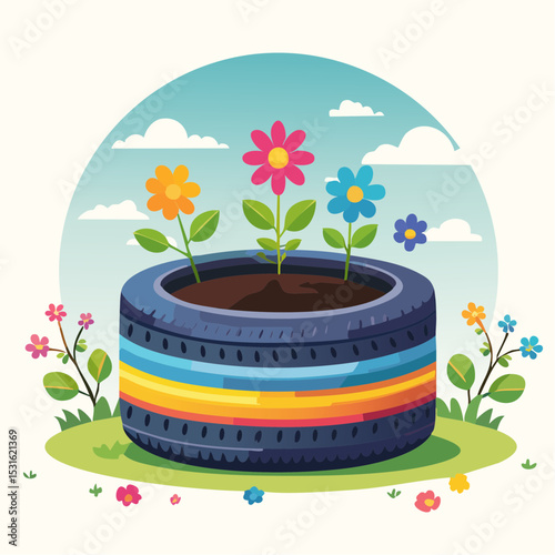 Flowers bloom in a repurposed tire planter with colorful stripes, set against a bright sky.