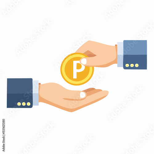 Two hands, one giving a coin to the other, depicting a transaction or payment.