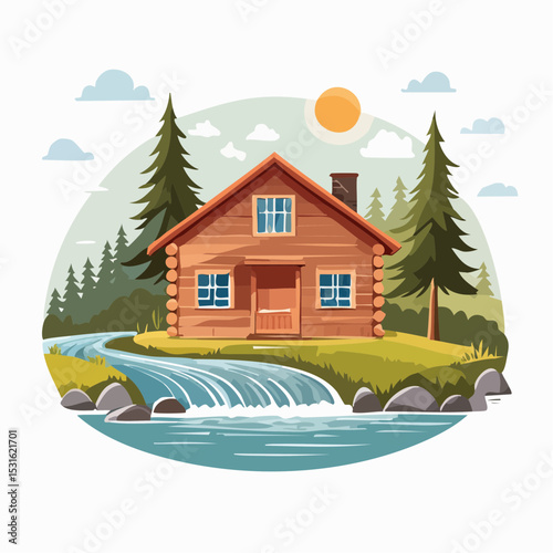 Rustic Wooden Cabin by a Waterfall in a Forest