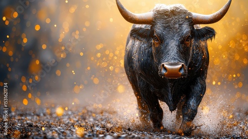 A modern-day bull, clad in digital attire, expertly navigates the complex landscapes of the stock market and the volatile crypto world, guided by the keen eyes of artificial intelligence 