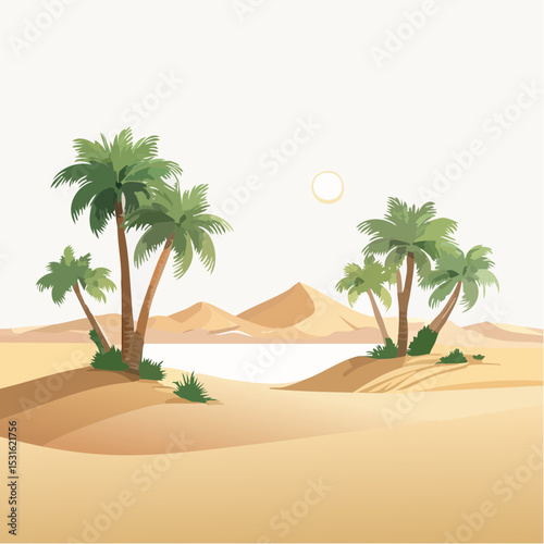 Serene Desert Oasis with Palm Trees and Sand Dunes Under a Bright Sun