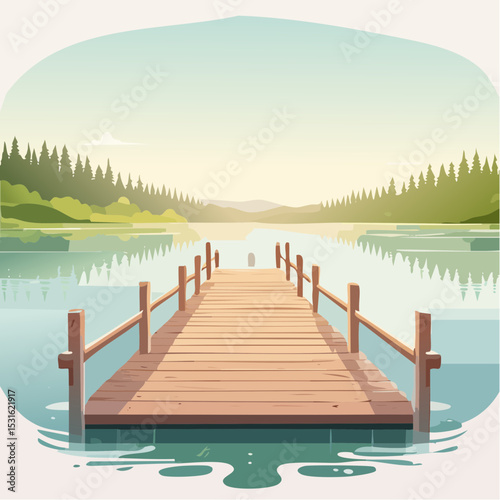 Serene Wooden Dock Extending Over a Calm Lake at Sunset