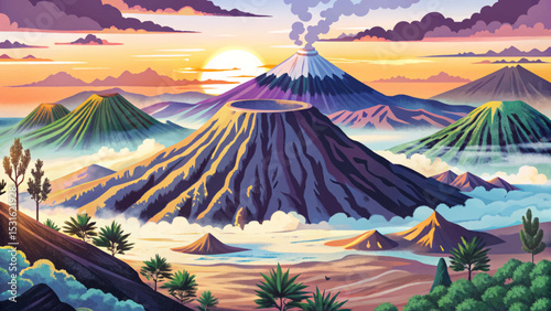 Vector illustration of Mount Bromo volcano at sunrise on Java Island, Indonesia, featuring dramatic volcanic landscape, misty caldera, and colorful morning sky