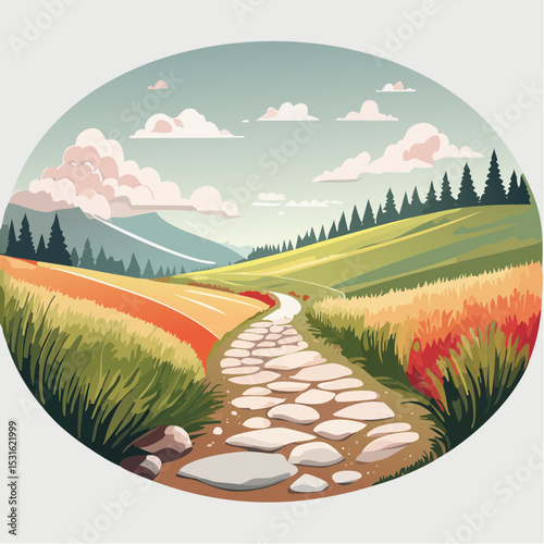 Stone Path Winding Through Autumnal Countryside Hills