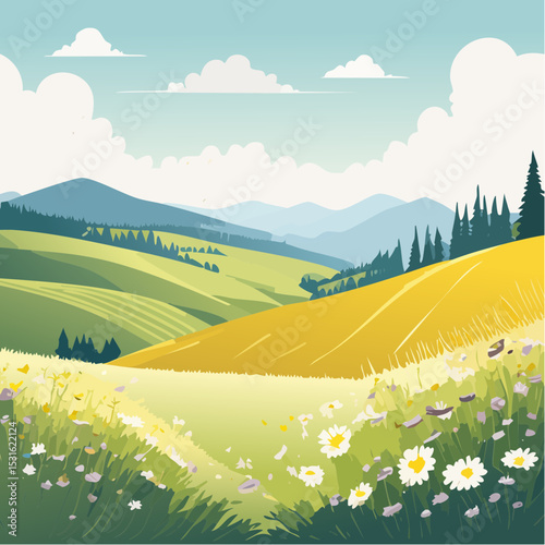 Sunny Summer Landscape with Rolling Green Hills and Yellow Field of Flowers