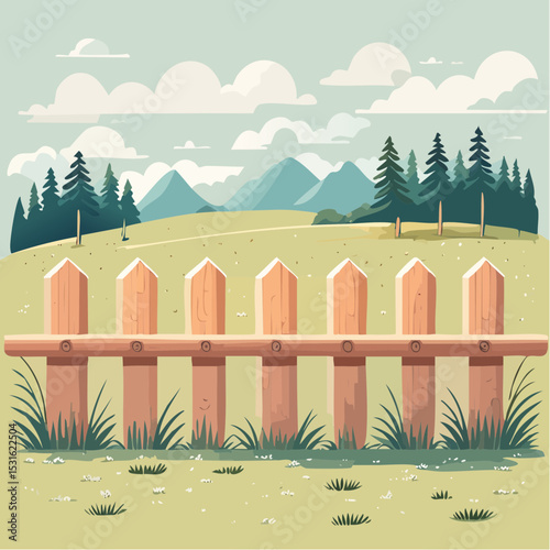 Wooden Fence in a Pastoral Landscape with Mountains