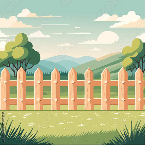 Wooden Fence in a Picturesque Green Landscape with Mountains