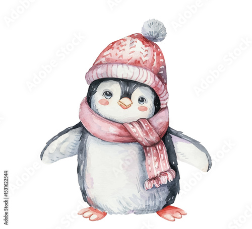 Cute penguin vector illustration wearing a cozy pink hat and scarf.