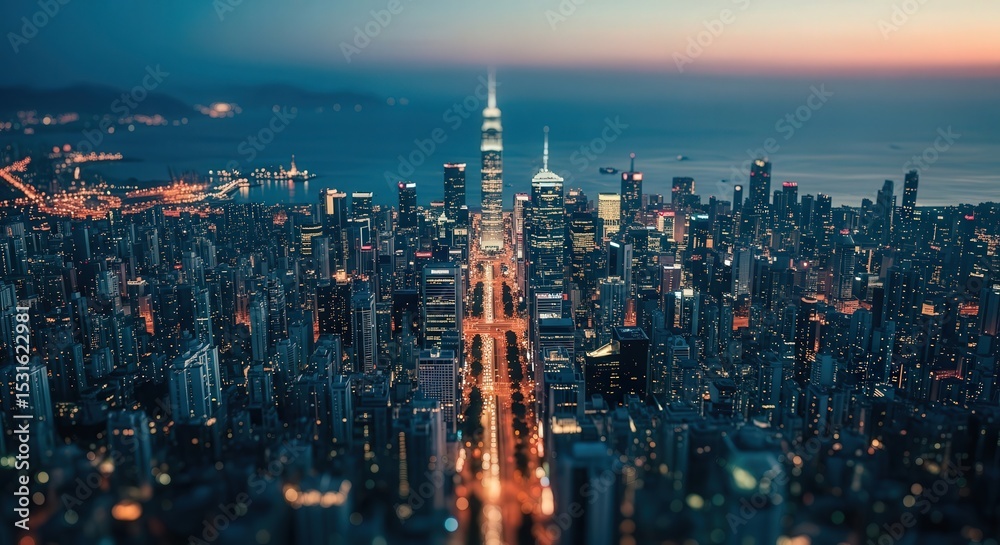 Fototapeta premium City Skyline with Illuminated Skyscrapers and Streets at Dusk Urban Landscape View