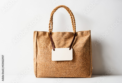  eco-friendly woven tote bag with blank label on minimalist background