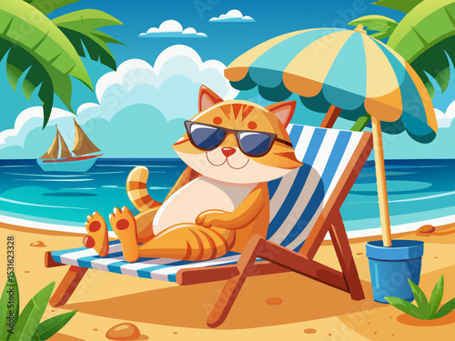 vector of Cat lying on beach chair with sunglasses enjoying sunny day. This laid-back feline creates a carefree vibe that's perfect for summer vibes and quiet moments.