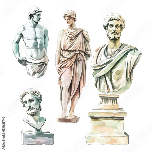 Statues And Sculptures, watercolor vector, isolated on a white background.