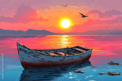 The mottled wooden boat under the sunset glow