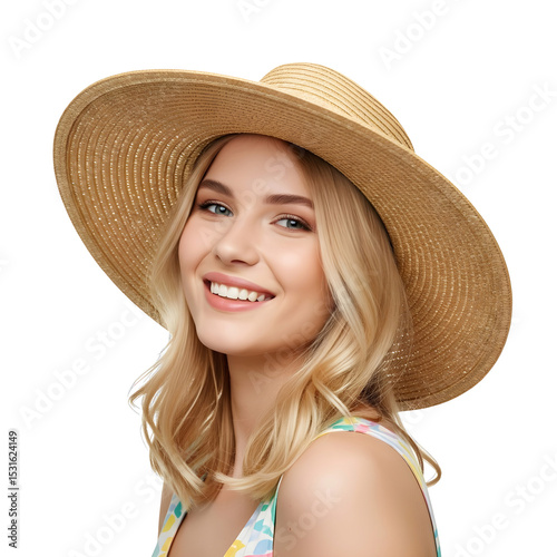 Joyful Young Blonde Woman in Straw Hat and Colorful Dress, Summer Style. PNG 
