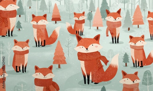 Cute foxes in winter scarves amidst snowy trees.