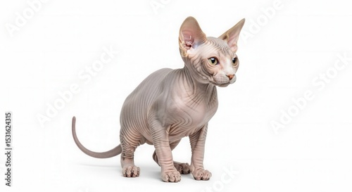 Sphynx cat portrait on white background looking right feline pet breed hairless animal studio shot catlike