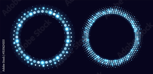 Blue halftone frames, glowing circle borders, round pattern with dots, radial disco luxury design element. Vector illustration.