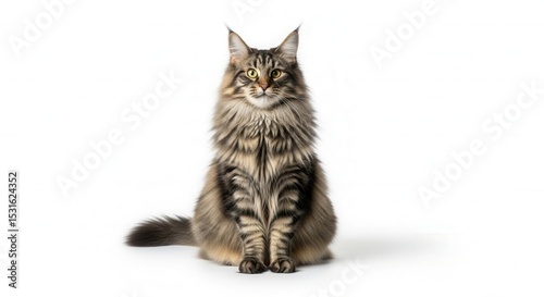 Maine coon cat portrait on white background looking at camera with curious expression, feline pet image