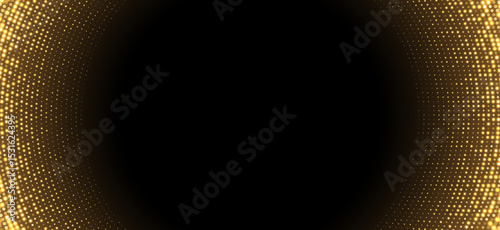 Golden halftone background, abstract glittering dots backdrop, disco texture design, shiny confetti banner. Vector illustration.