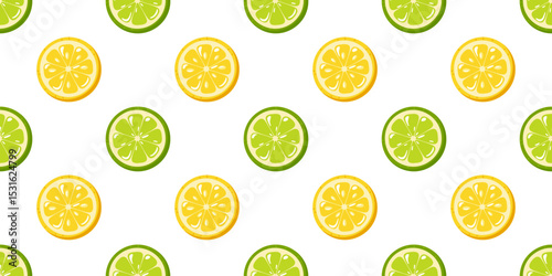 Seamless summer pattern with yellow lemon and green lime slices on white background. Cartoon vector background. 