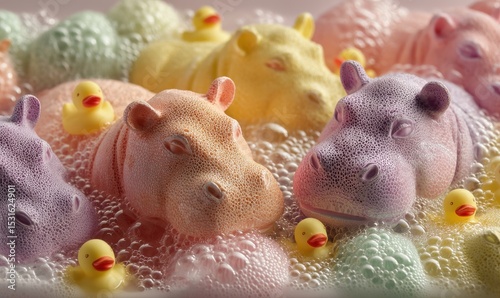 Colorful hippo soap sculptures in a soapy bath.