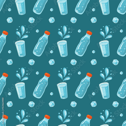 Seamless summer pattern with water bottles, glasses and ice cubes. Cartoon vector background.