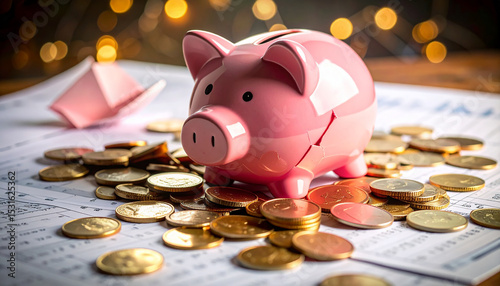 Piggy Bank: A charming piggy bank sits amidst a scattering of coins, symbolizing savings and financial security. Surrounded by a gentle glow, it's a visual metaphor for prudent saving.