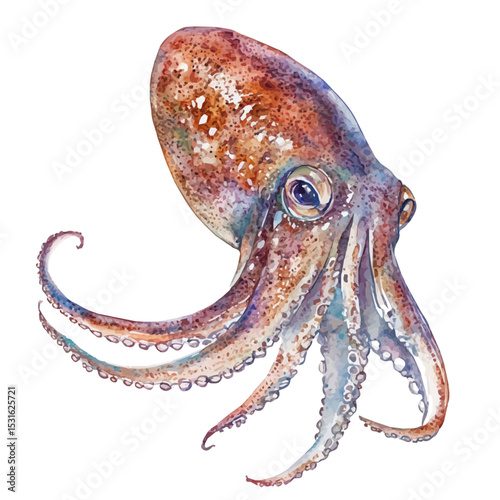 Squid, watercolor drawing vector, isolated on a white background.