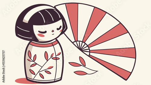 Japanese Kokeshi Doll with Fan and Decorative Floral Elements