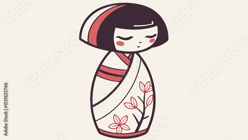 Kokeshi Doll in Traditional Japanese Kimono with Floral Design