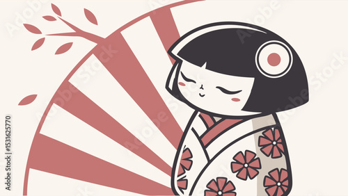 Stylized Kokeshi Doll with Floral Kimono and Rising Sun Fan