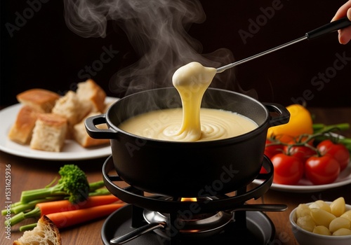 Gourmet Swiss fondue dinner on a winter evening