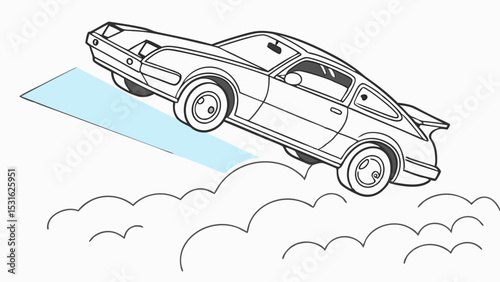 Cartoon Car Flying Through Clouds with a Blue Ramp