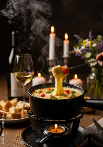 Gourmet Swiss fondue dinner on a winter evening