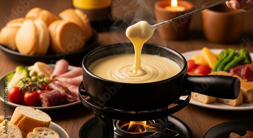 Gourmet Swiss fondue dinner on a winter evening