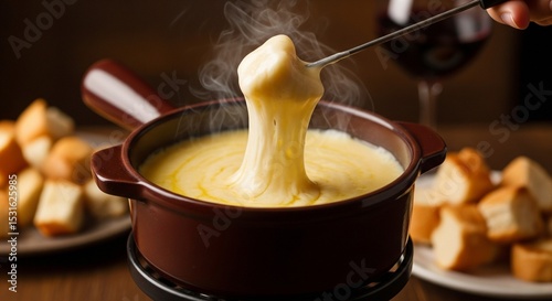 Gourmet Swiss fondue dinner on a winter evening