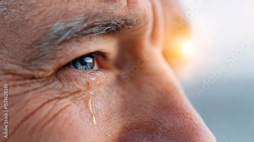 Man crying, a tear falling. A dim light shines on the tear. Depression, difficult times, loss. Close-up