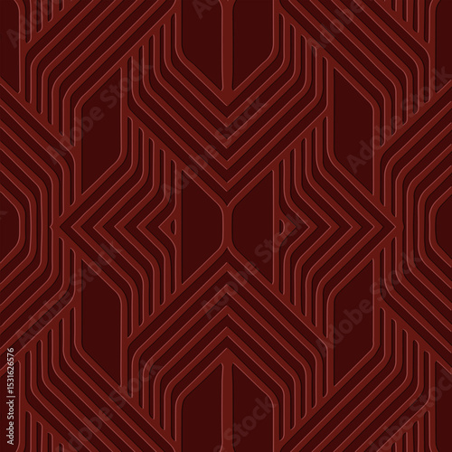 Ethnic burgundy background, cover design, banner, ornamental wallpaper. Geometric linear 3D pattern, embossing. Relief ornaments, arabesques, mandala, fresco of the East, Asia, India, Mexico, Aztec.