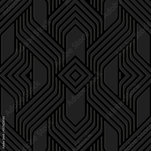 Ethnic black background, cover design, banner, ornamental wallpaper. Geometric decorative 3D pattern, embossing. Relief ornaments, arabesques, mandala, fresco of the East, Asia, India, Mexico, Aztec.