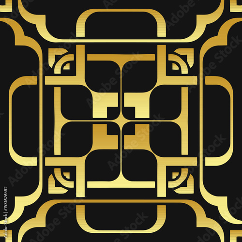 Ethnic black background cover design banner wallpaper. Geometric linear abstract gold pattern template. Ornaments arabesque mandala fresco logo East Asia India Mexico Aztec Peru.