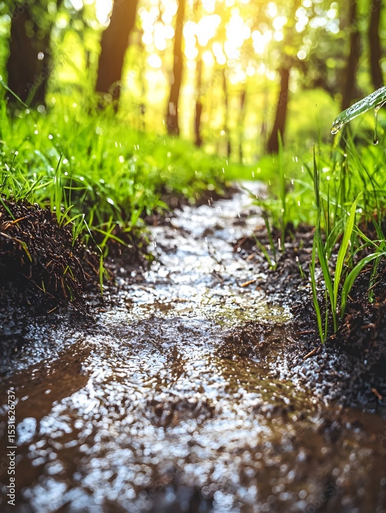 Fototapeta premium Wet grassland beside muddy paths after rain
