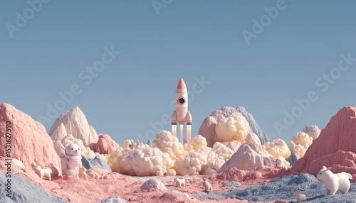Pastel-colored landscape with a rocket launching.