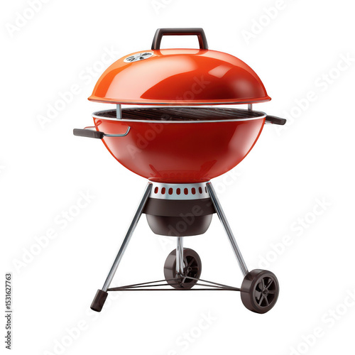Grill with red lid and black legs on wheels, featuring a black handle and silver accents, ideal for outdoor cooking and barbecues.