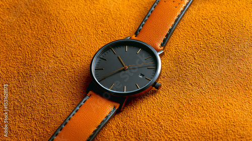 Minimalist Black Wristwatch with Orange Leather Strap on Textured Background