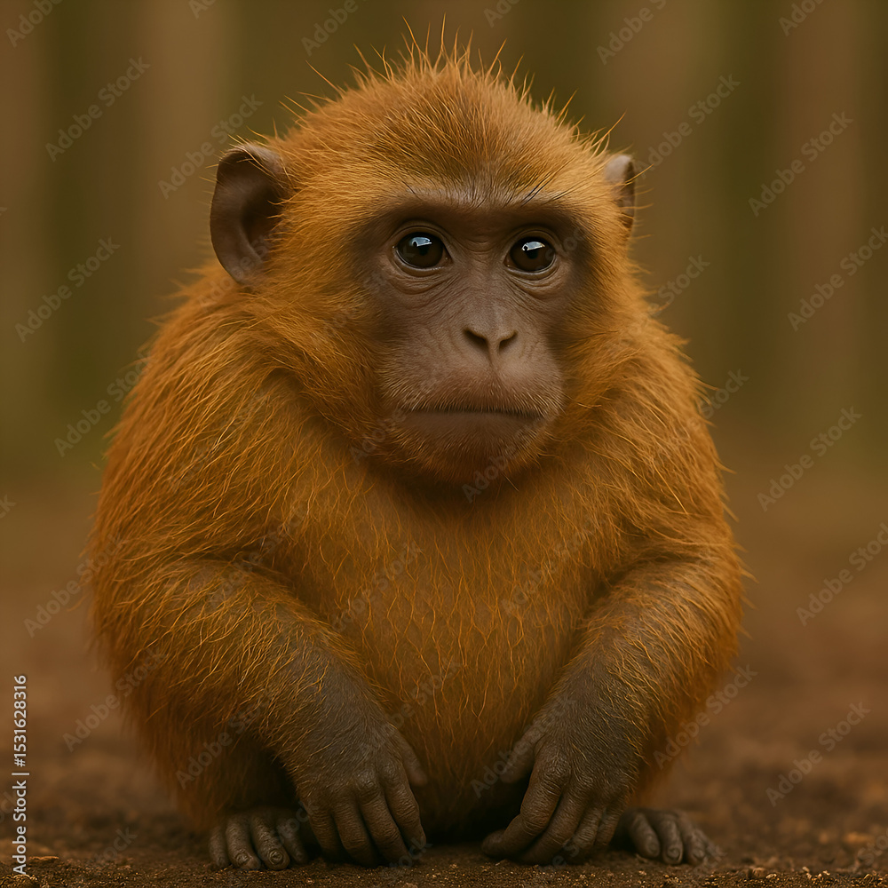Obraz premium Adorable Baby Monkey Sitting on Ground – Close-Up Wildlife Portrait