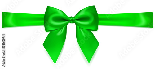 A vibrant vector illustration with beautiful large green shiny bow with horizontal ribbon and soft shadow on white background, perfect for gift wrapping or decorative purposes.
