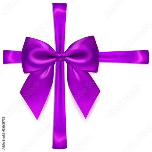 A vibrant vector illustration with beautiful large purple shiny bow with cross ribbons and soft shadow on white background, perfect for gift wrapping or decorative purposes.