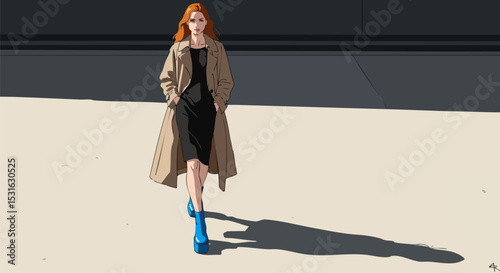 Confident fashion-forward woman walking in trench coat and blue boots — modern editorial vector with urban vibes.