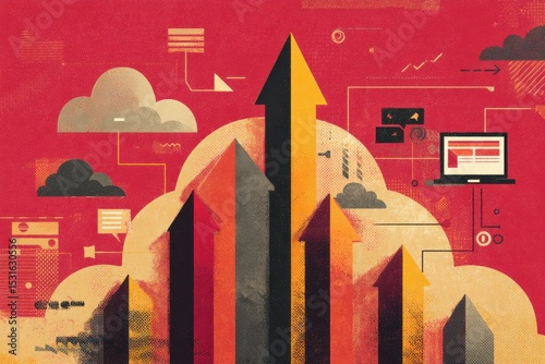 Cloud computing growth visualized with upward arrows.